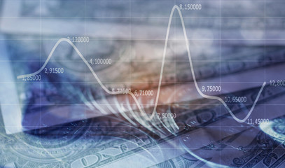Double exposure Rows of coins of Credit cards on the table,finance and business concept,Money,soft focus and blurred style,dark tone.