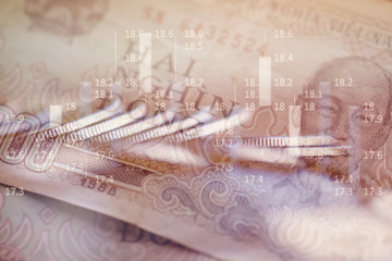 Double exposure Rows of coins of Credit cards on the table,finance and business concept,Money,soft focus and blurred style,dark tone.