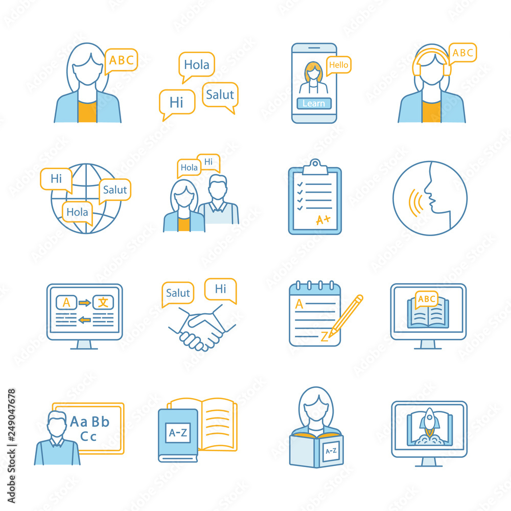Poster foreign language learning color icons set