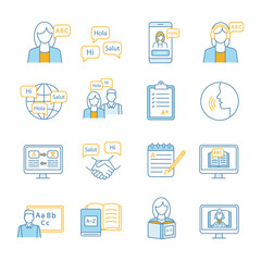 Foreign language learning color icons set