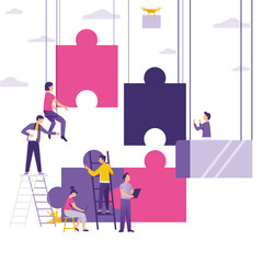 people building and connecting puzzle as a description of good teamwork, business team concept, - Vector