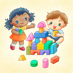 Children playing building blocks