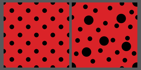 Two ladybug patterns set. Red and black backgrounds. Bright polka dot backdrops © Julia