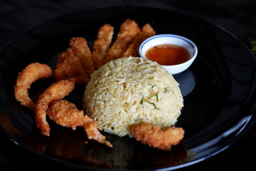 Fried rice with deep fried shrimp