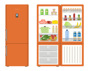 Orange fridge with open doors, a full of food. There is a water bottle, a sausage, cheese, bananas, eggs, milk, yogurts, ketchup, vegetables and other products in the picture. Vector illustration