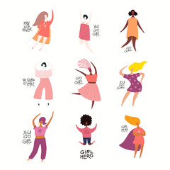 Set of diverse women, quotes about girl power, feminism. Isolated objects on white background. Hand drawn vector illustration. Flat style design. Concept, element for womens day card, poster, banner.