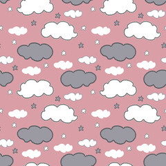 Baby vector seamless pattern. Hand drawn gray and white clouds and stars on pink background. Template for desing, textile, wallpaper, wrapping, cover, web site, card, banner, ceramic tile.