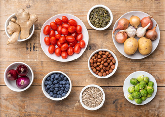 Healthy eating ingredients: fresh vegetables, fruits and superfood. Nutrition, diet, vegan food concept