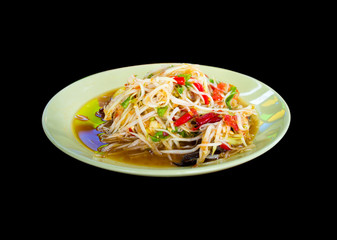 Fresh papaya salad on black background, Som tum Thai