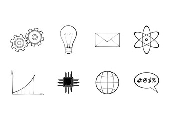 Set of technology and science signs: diagram, gear, bulb, atom, envelope, globe and processor