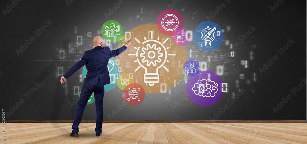 Poster businessman in front of a cloud of colorfull start up icon bubble with data binary 3d rendering