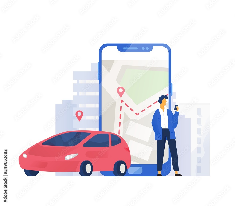 Poster modern composition with automobile and male character standing beside giant mobile phone with city m