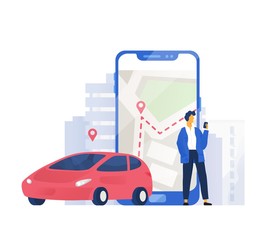 Modern composition with automobile and male character standing beside giant mobile phone with city map on screen. Colorful vector illustration in flat style for carsharing or car rental service.