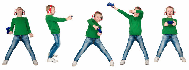 Boy  gamer in headphones with joystick playing computer game. Isolated on white background.Collage.
