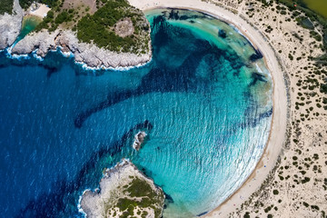 Panoramic aerial view of voidokilia beach, one of the best beaches in mediterranean Europe, beautiful lagoon of Voidokilia from a high point of view, Messinia, Greece