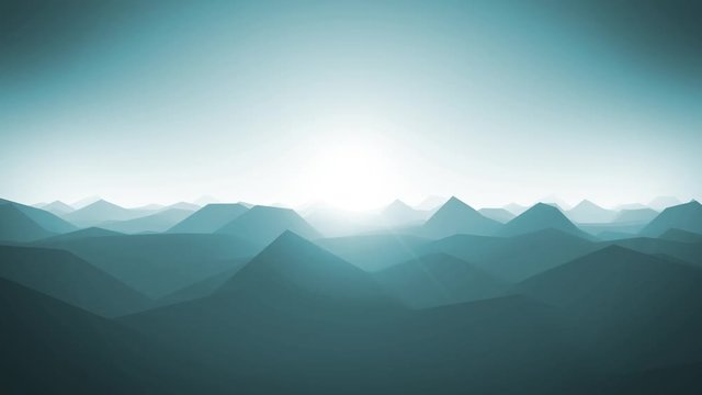 Mountains Landscape Silhouette Background Loop/ 4k animation of an abstract fractal mountains landscape with low polygons silhouettes, and beautiful sunshine in the horizon, seamless looping
