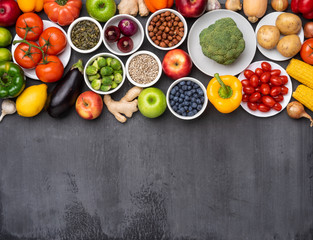 Fototapeta na wymiar Healthy eating ingredients: fresh vegetables, fruits and superfood. Nutrition, diet, vegan food concept