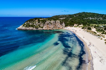 Panoramic aerial view of voidokilia beach, one of the best beaches in mediterranean Europe,...