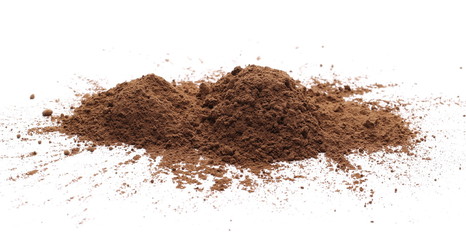 Cocoa powder pile isolated on white background