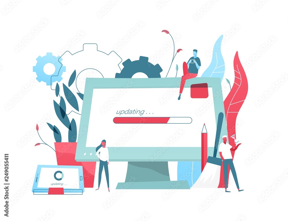 Aufkleber Composition with giant computer display and tablet PC with progress bar on screen and tiny people. System update or upgrade download and installation, software maintenance. Flat vector illustration.
