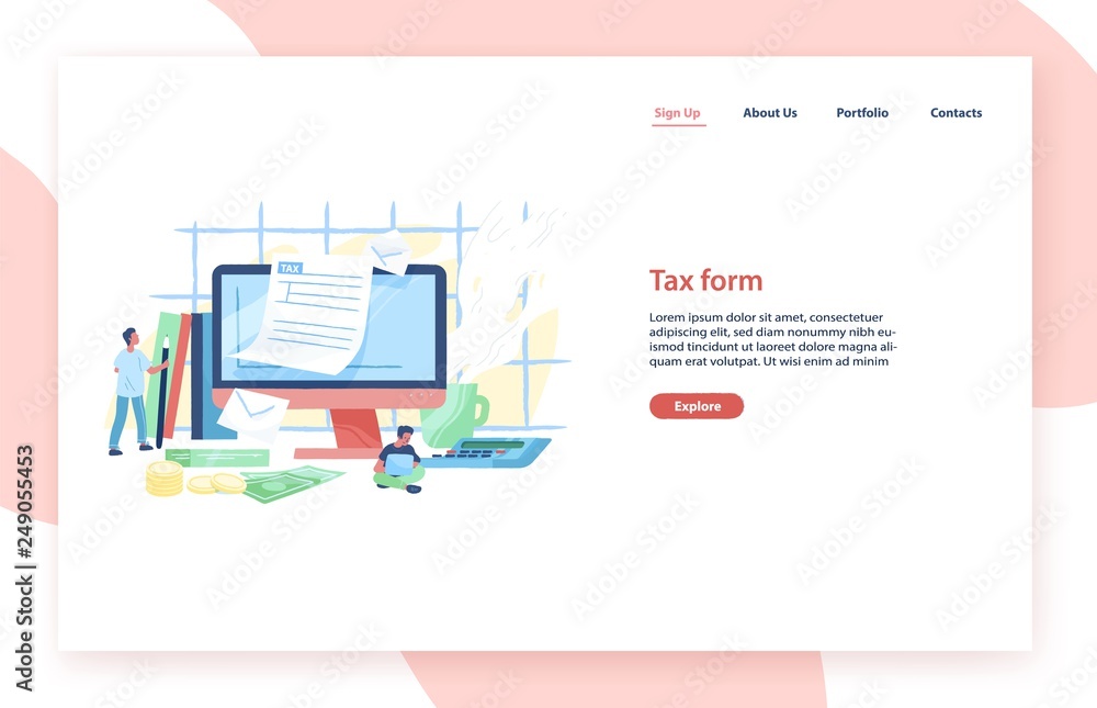Poster landing page template with giant computer, tiny people or taxpayers sitting beside and filling in ta