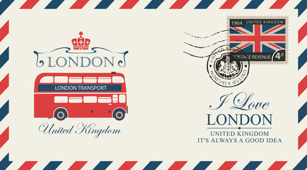 Vector postcard or envelope with the London double decker and inscriptions. Retro postcard with postmark in form of royal coat of arms and postage stamp with flag of United Kingdom