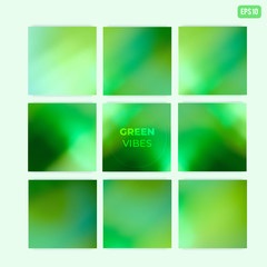 Set of square abstract soft green vector gradient blurred backgrounds. Modern ecology concept design for mobile apps, screens, banners, posters
