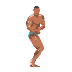 Gym, bodybuilder posing, geometric flat design. Isolated vector illustration. Bodybuilding