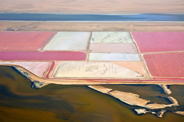 Aerial view of one of the worlds largest salt mines located between Wallis Bay and Swakopmund in...