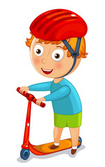 Little boy on a scooter in a helmet illustration