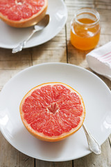 Vegetarian breakfast for two baked grapefruit. Rustic style.
