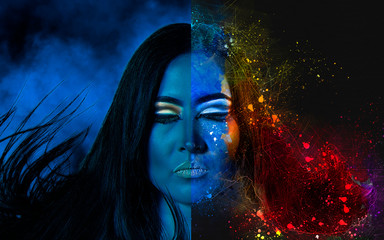 High fashion model woman. Art mystical blue, gold skin girl face portrait