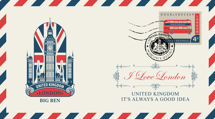 Vector postcard or envelope with Big Ben in London, UK flag and inscriptions. Retro postcard with postmark in form of royal coat of arms and postage stamp with double decker bus © paseven