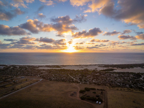Aerial photo of the colorful sunset at the coast of Western Australia in Geraldton