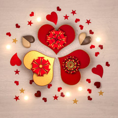 3d rendering. Composition figure volumetric brilliant heart, red, gold, Valentine's Day or wedding day romantic themes for party, events, heart shaped box, gift. Glowing garlands, bulbs, illumination.