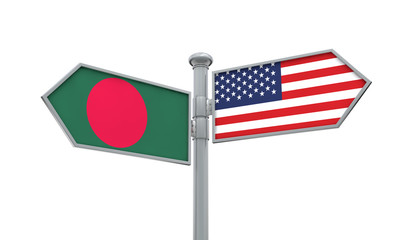 Bangladesh and America flag moving in different direction. 3D Rendering