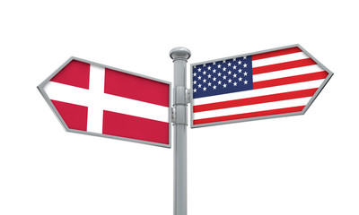 Denmark and America flag moving in different direction. 3D Rendering