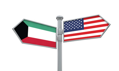 Kuwait and America flag moving in different direction. 3D Rendering