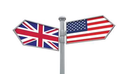 UK and America flag moving in different direction. 3D Rendering