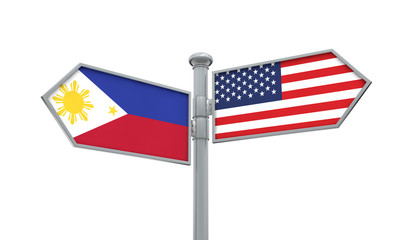 Philippines and America flag moving in different direction. 3D Rendering