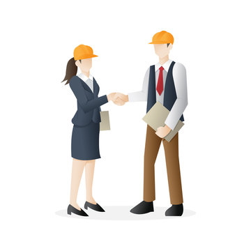 Construction firm. Successful partnership in construction business. A woman shaking hands with a architect, builder, contractor - Vector
