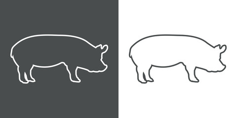  Icono plano lineal silueta de cerdo en gris y blanco