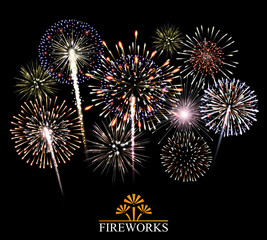 Set of fireworks, festive banner, invitation to a holiday. Illustration
