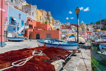 Pretty fishing village, colourful fishermen's houses, and fishing nets, Marina Corricella Procida...