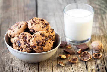 Chocolate chip cookies, sweet snack dessert with milk