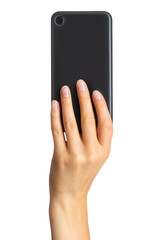 Women's hand showing black smartphone, concept of taking photo or selfie