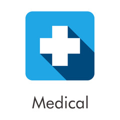 Logotipo abstracto con texto Medical con cruz color blanco con sombra en cuadrado color azul