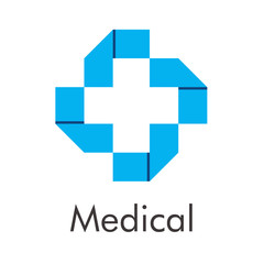 Fototapeta premium Logotipo abstracto con texto Medical con cruz en espacio negativo con papel estilo origami en color azul con sombra