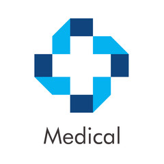 Obraz premium Logotipo abstracto con texto Medical con cruz en espacio negativo con papel estilo origami en color azul