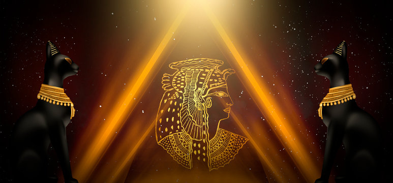 Egyptian asbstract background, goddess of Egypt Bastet and Cleopatra, pyramids, abstract dark background